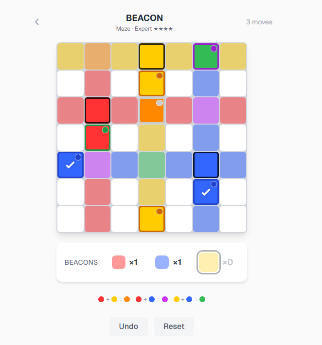 An expert-tier puzzle mid-solve, with two of three beacons placed
